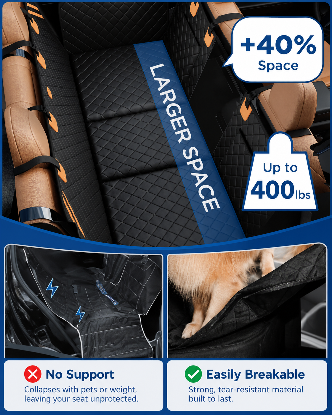 Hard-Bottom Dog Car Seat Cover — Waterproof Backseat Hammock & Seat Extender