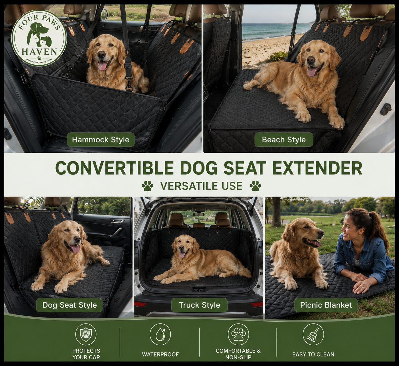 Hard-Bottom Dog Car Seat Cover — Waterproof Backseat Hammock & Seat Extender
