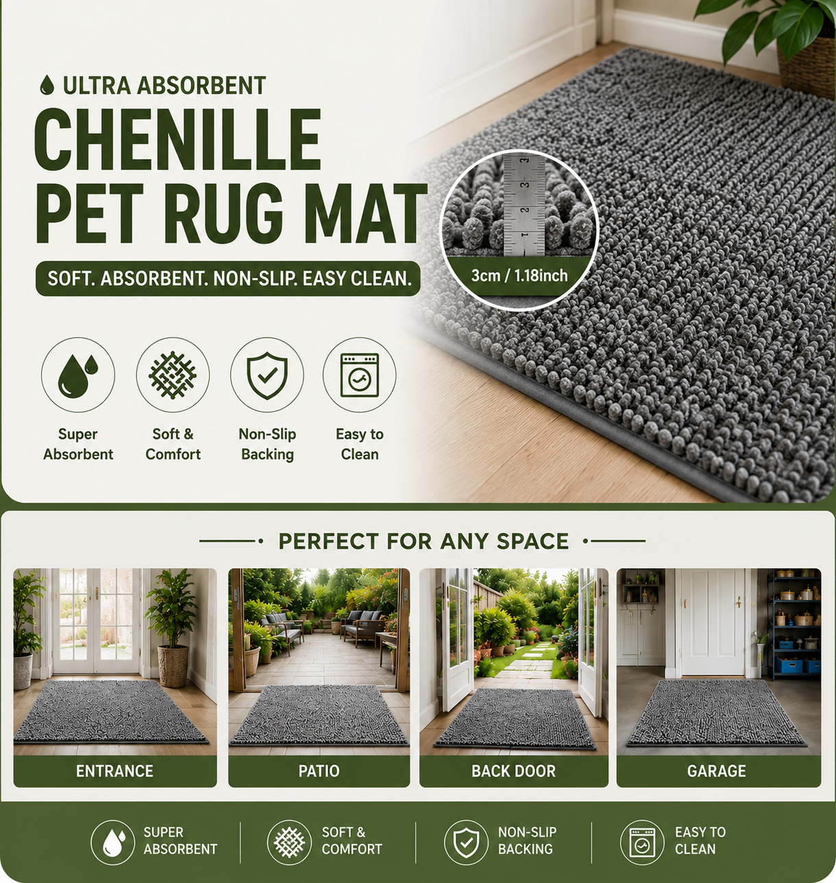 Non-Slip Absorbent Bathroom & Door Rug for Dogs & Cats
