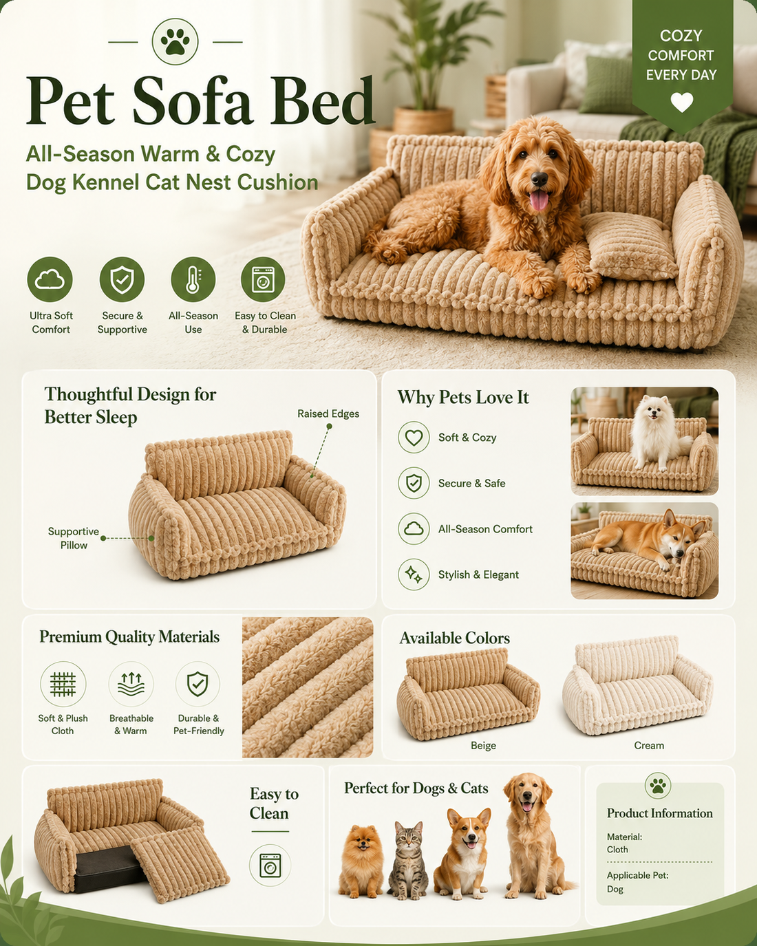 Luxury Pet Sofa Bed – All-Season Warm & Cozy Dog Kennel Cat Nest Cushion