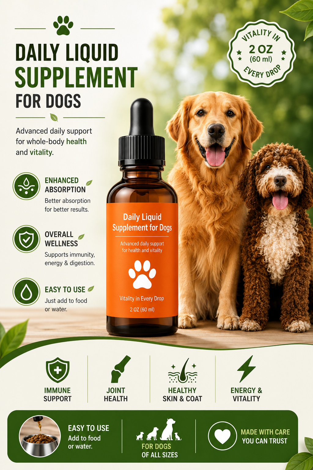 Daily Liquid Multivitamin Supplement for Dogs – Immune, Skin & Overall Health Support