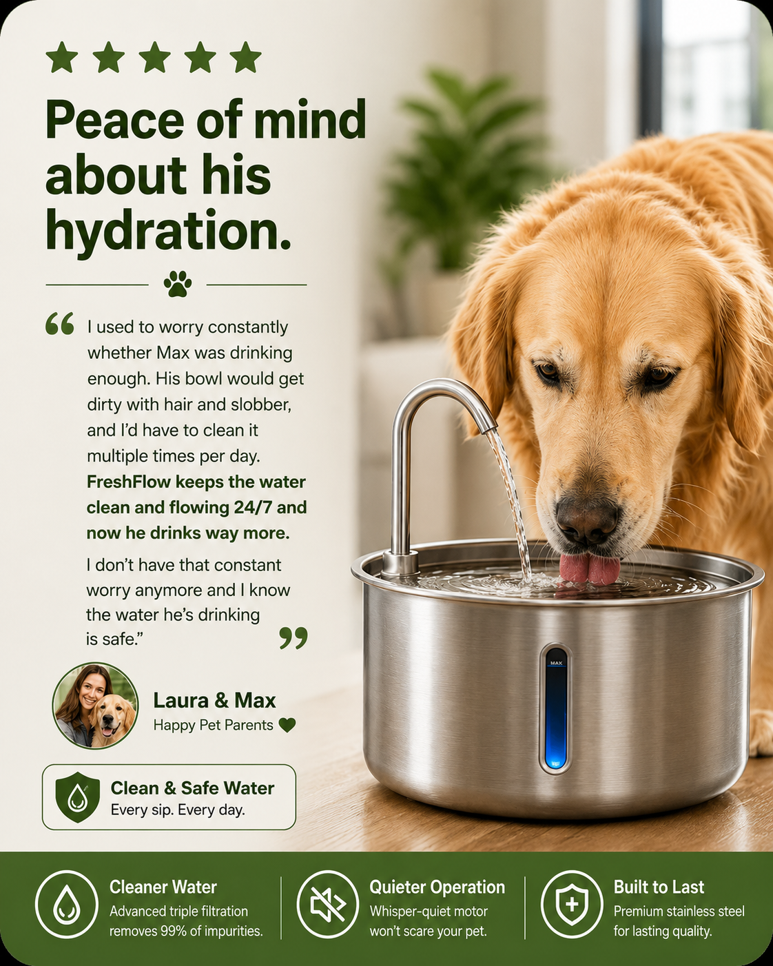 4L Water Drop Large Capacity Pet Stainless Steel Water Dispenser